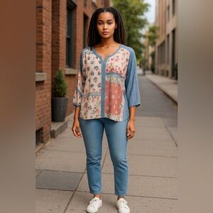 Westport Floral Patchwork Blouse - Blue and Red